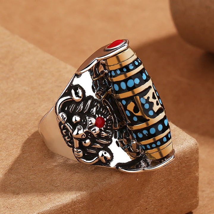 BWOOOH Tibetan Om Mani Padme Hum Garuda Dzi Bead Pattern Peace Rotatable Ring — Dzi Tibetan bracelet for spiritual healing...