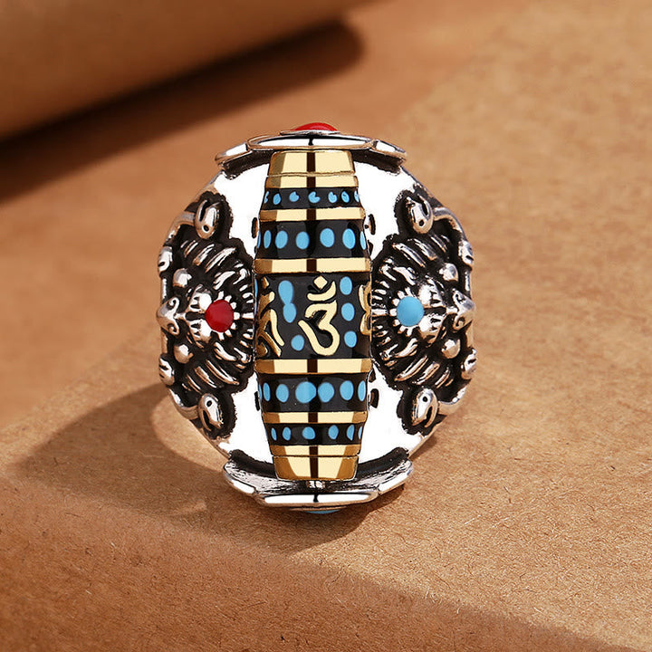 BWOOOH Tibetan Om Mani Padme Hum Garuda Dzi Bead Pattern Peace Rotatable Ring