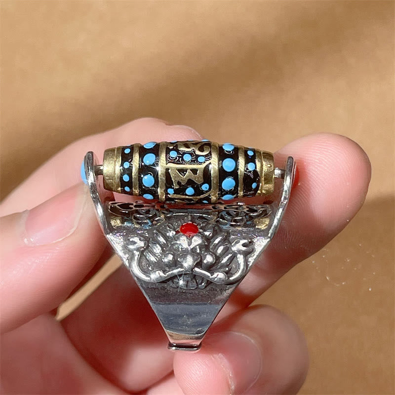 BWOOOH Tibetan Om Mani Padme Hum Garuda Dzi Bead Pattern Peace Rotatable Ring