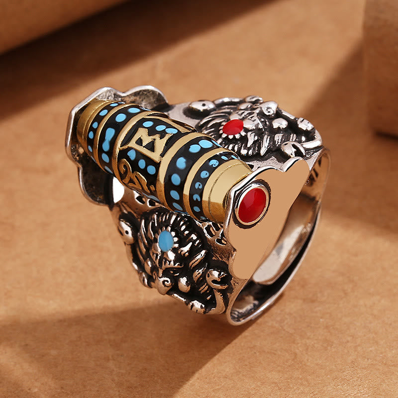 BWOOOH Tibetan Om Mani Padme Hum Garuda Dzi Bead Pattern Peace Rotatable Ring