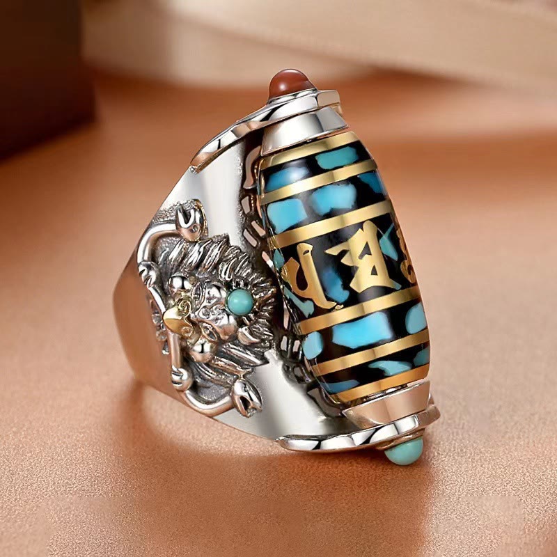 BWOOOH Tibetan Om Mani Padme Hum Garuda Dzi Bead Pattern Peace Rotatable Ring