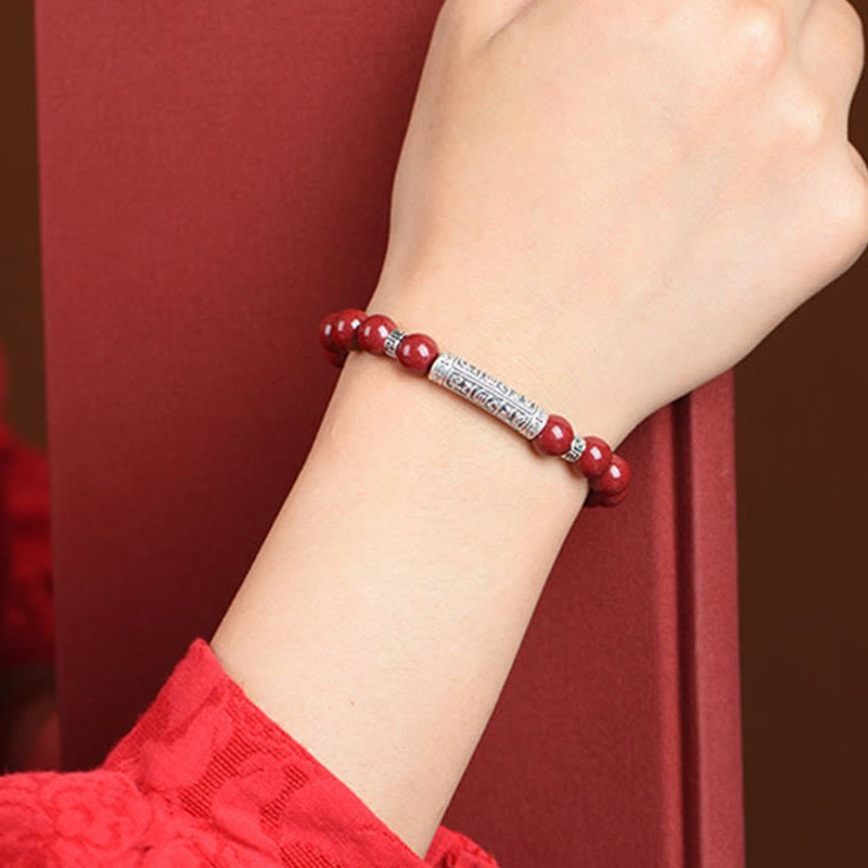 BWOOOH Cinnabar 999 Sterling Silver Six True Words Blessing Bracelet