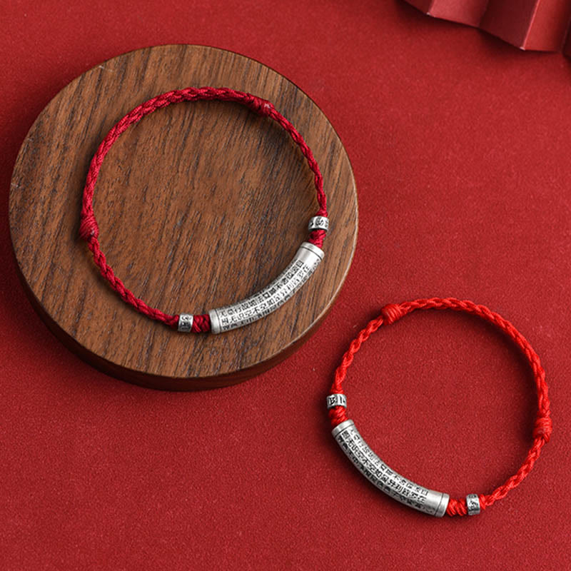 BWOOOH Handmade 999 Sterling Silver Om Mani Padme Hum Heart Sutra Carved Luck Rope Bracelet Anklet