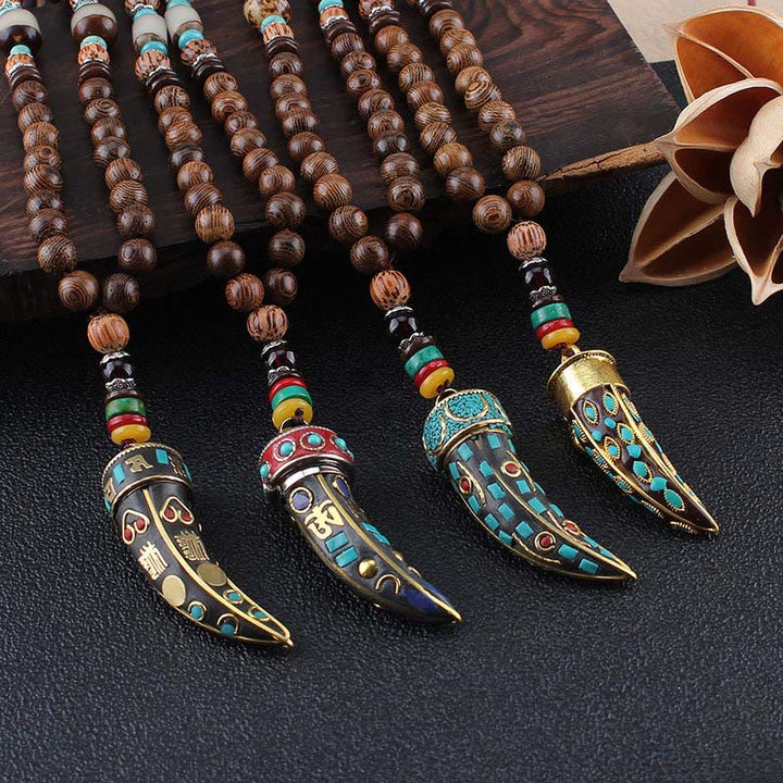 BWOOOH Tibet Wenge Wood Om Mani Padme Hum OM Symbol Mantra Horn Pattern Protection Necklace Pendant