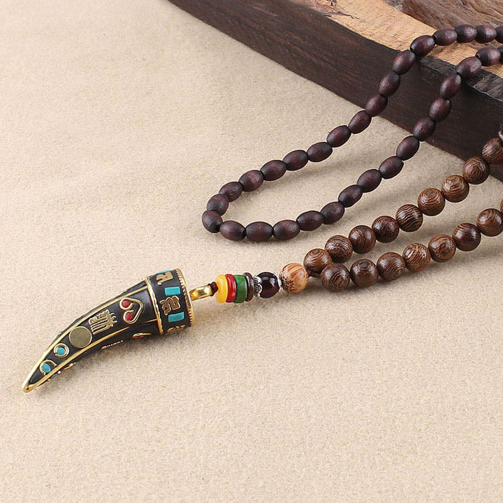 BWOOOH Tibet Wenge Wood Om Mani Padme Hum OM Symbol Mantra Horn Pattern Protection Necklace Pendant