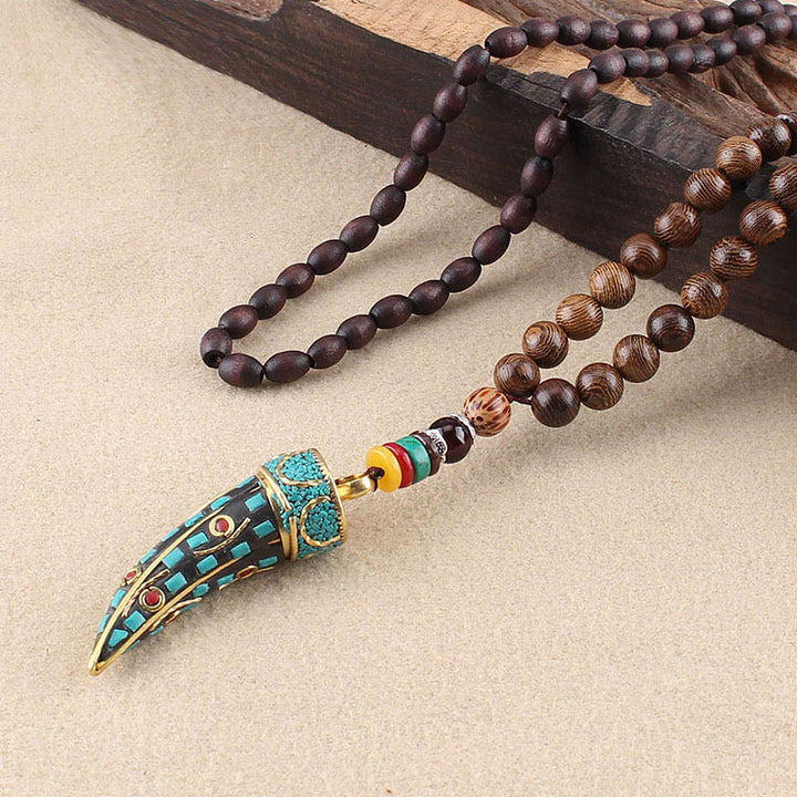 BWOOOH Tibet Wenge Wood Om Mani Padme Hum OM Symbol Mantra Horn Pattern Protection Necklace Pendant