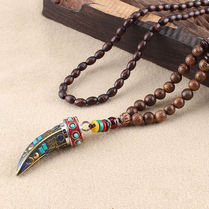 BWOOOH Tibet Wenge Wood Om Mani Padme Hum OM Symbol Mantra Horn Pattern Protection Necklace Pendant