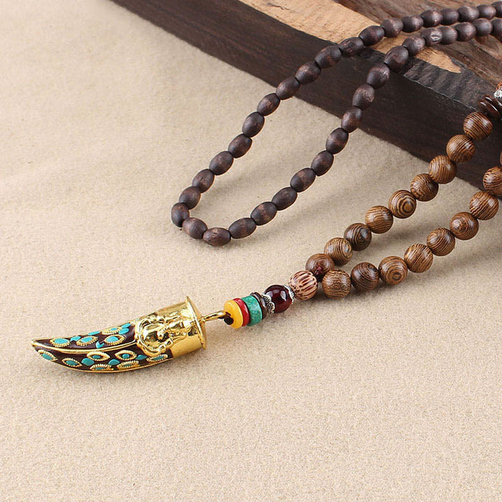 BWOOOH Tibet Wenge Wood Om Mani Padme Hum OM Symbol Mantra Horn Pattern Protection Necklace Pendant