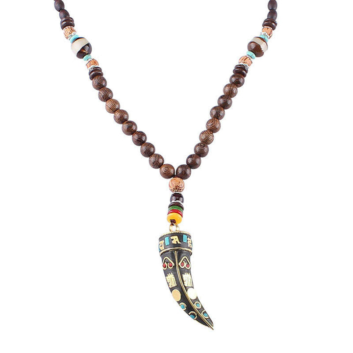 BWOOOH Tibet Wenge Wood Om Mani Padme Hum OM Symbol Mantra Horn Pattern Protection Necklace Pendant