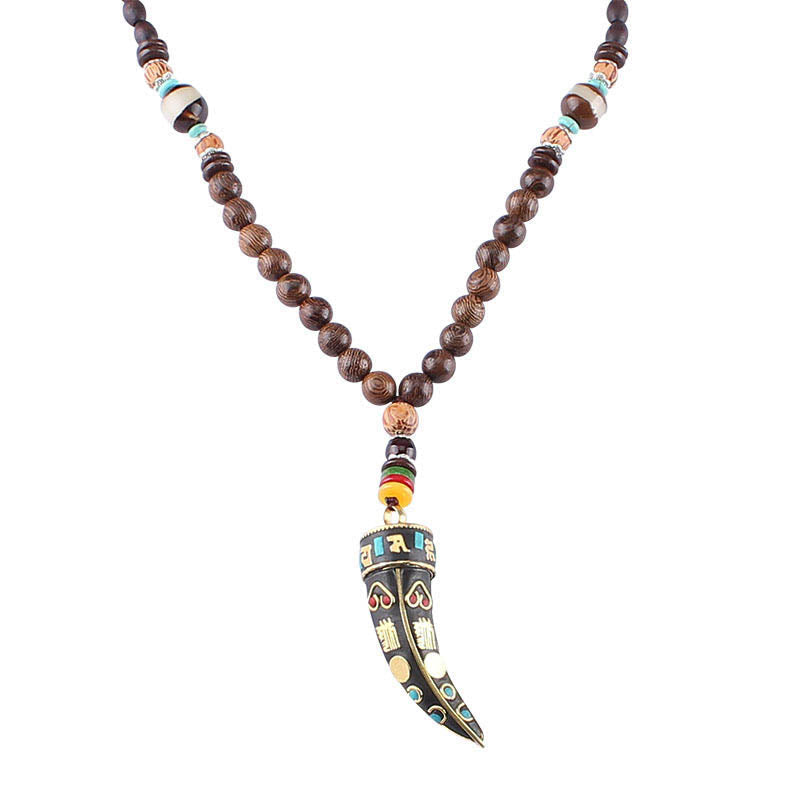 BWOOOH Tibet Wenge Wood Om Mani Padme Hum OM Symbol Mantra Horn Pattern Protection Necklace Pendant