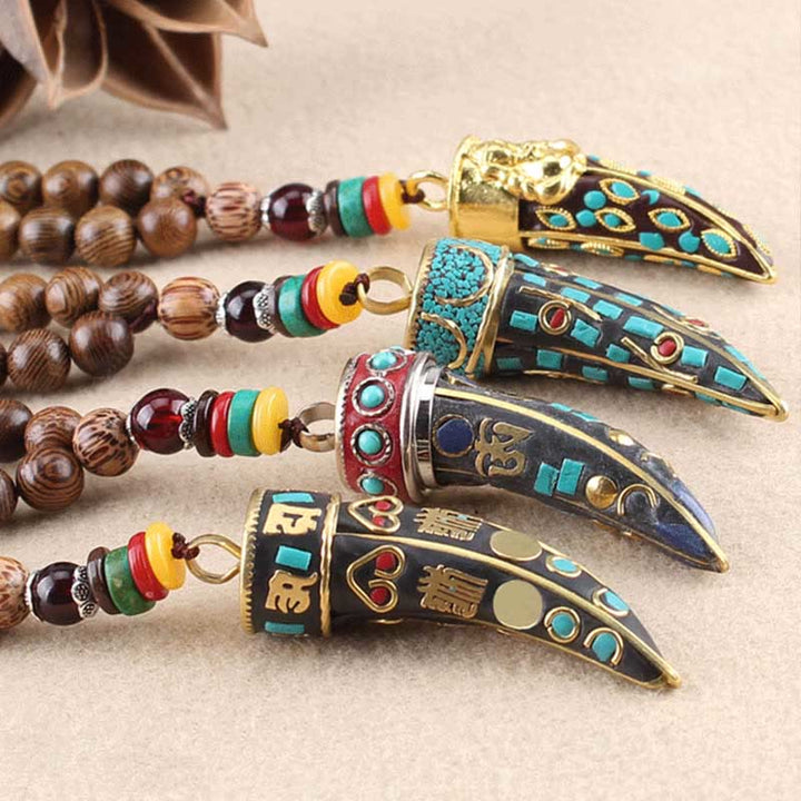 BWOOOH Tibet Wenge Wood Om Mani Padme Hum OM Symbol Mantra Horn Pattern Protection Necklace Pendant