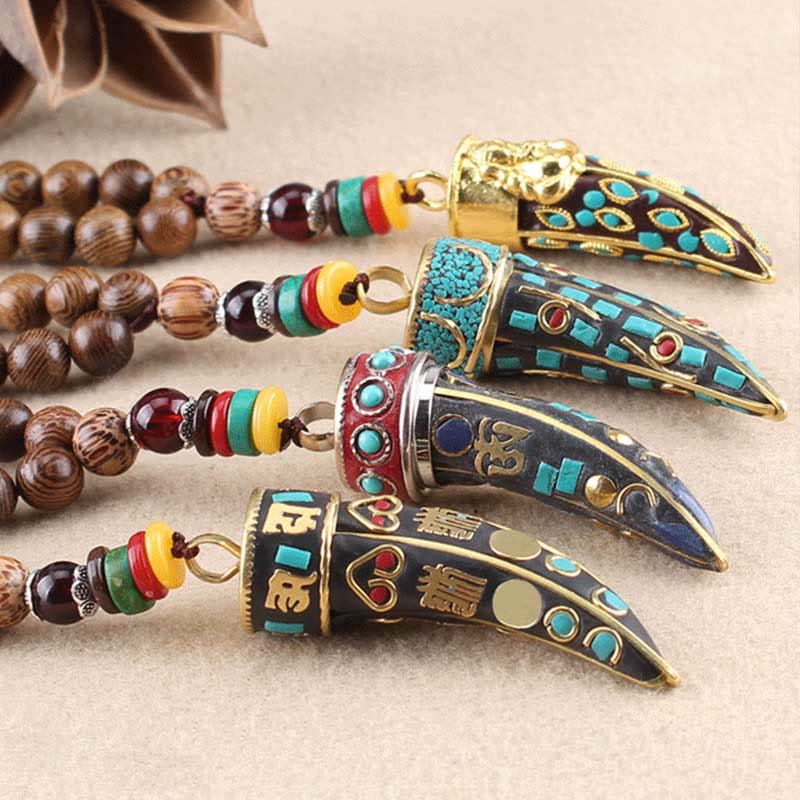 BWOOOH Tibet Wenge Wood Om Mani Padme Hum OM Symbol Mantra Horn Pattern Protection Necklace Pendant