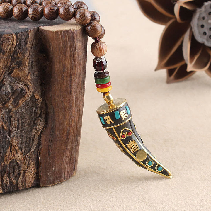 BWOOOH Tibet Wenge Wood Om Mani Padme Hum OM Symbol Mantra Horn Pattern Protection Necklace Pendant