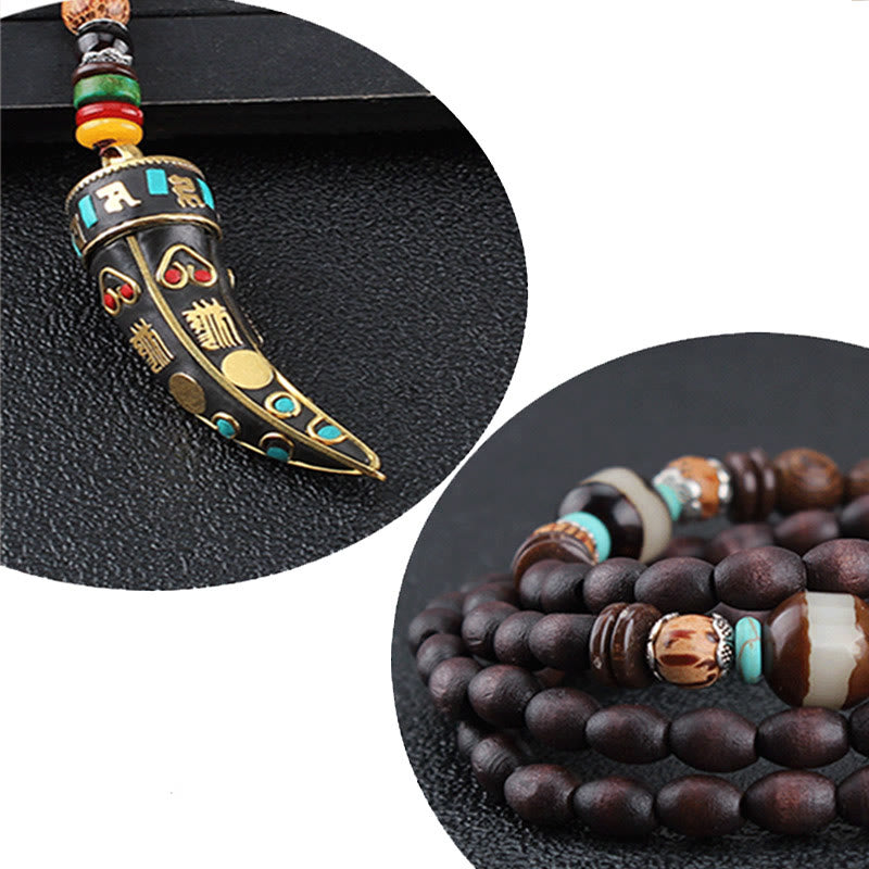 BWOOOH Tibet Wenge Wood Om Mani Padme Hum OM Symbol Mantra Horn Pattern Protection Necklace Pendant