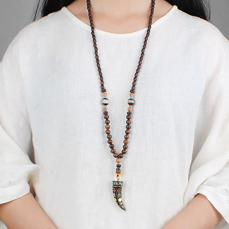BWOOOH Tibet Wenge Wood Om Mani Padme Hum OM Symbol Mantra Horn Pattern Protection Necklace Pendant
