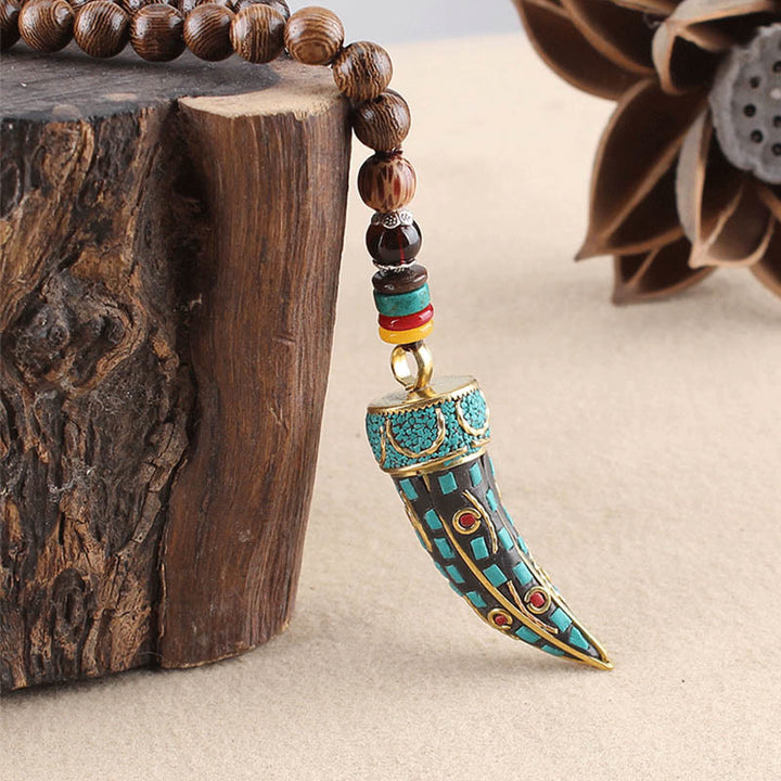 BWOOOH Tibet Wenge Wood Om Mani Padme Hum OM Symbol Mantra Horn Pattern Protection Necklace Pendant