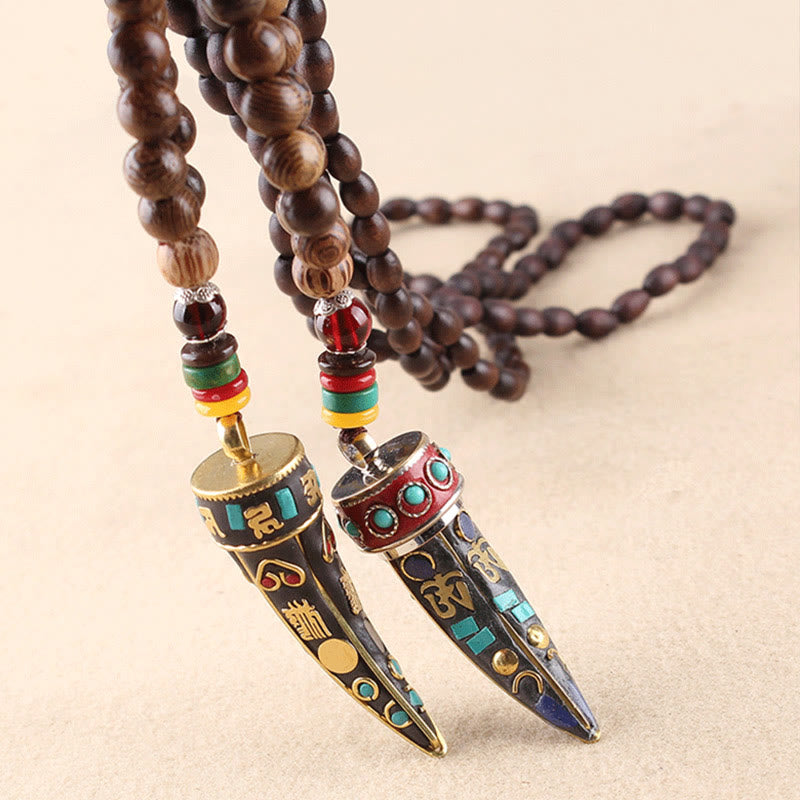 BWOOOH Tibet Wenge Wood Om Mani Padme Hum OM Symbol Mantra Horn Pattern Protection Necklace Pendant