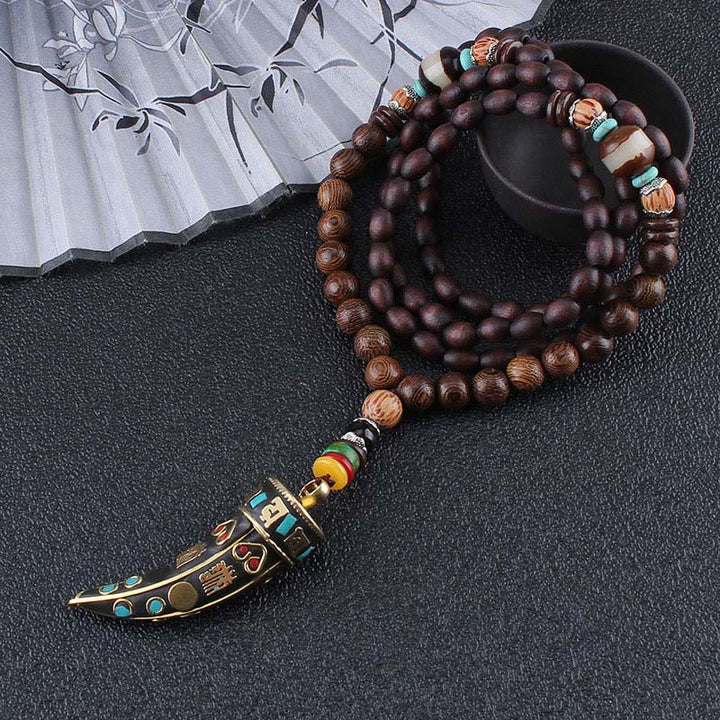 BWOOOH Tibet Wenge Wood Om Mani Padme Hum OM Symbol Mantra Horn Pattern Protection Necklace Pendant