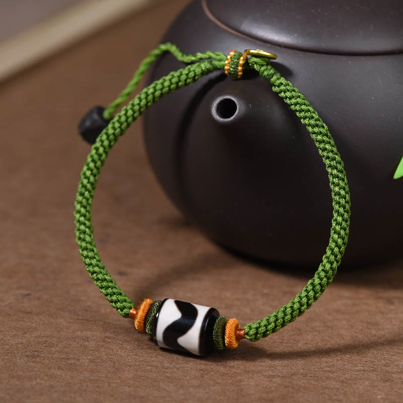 BWOOOH Handmade Tibetan Dzi Bead Protection Braided Green Rope Bracelet