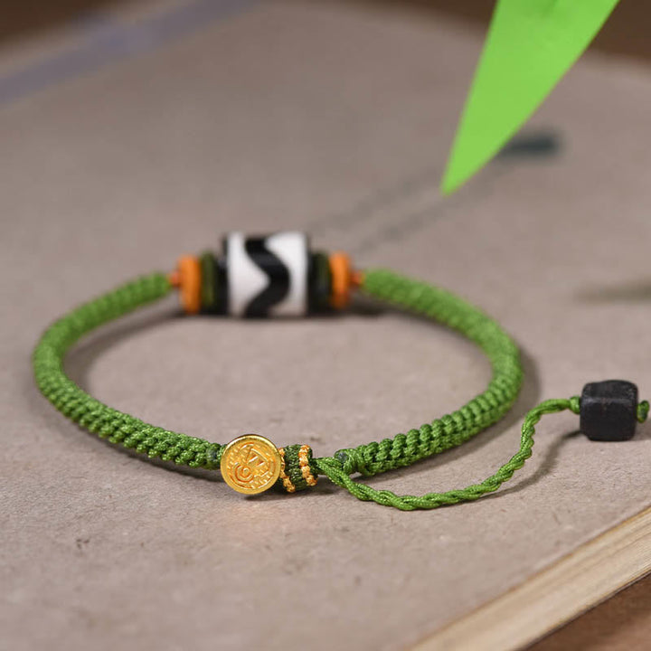 BWOOOH Handmade Tibetan Dzi Bead Protection Braided Green Rope Bracelet