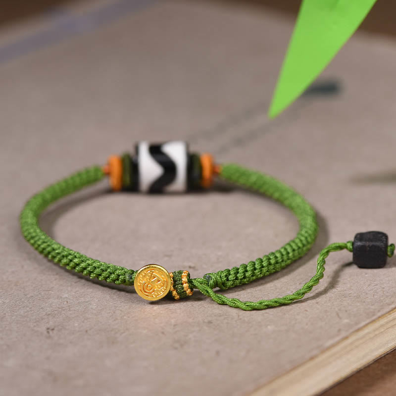 BWOOOH Handmade Tibetan Dzi Bead Protection Braided Green Rope Bracelet