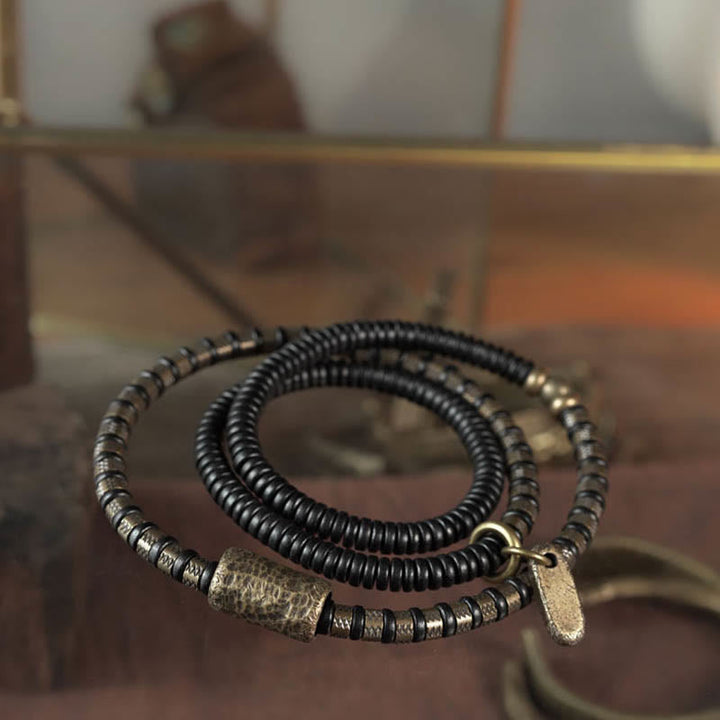 BWOOOH Healing Tibetan Ebony Wood Beads Copper Multilayered Bracelet