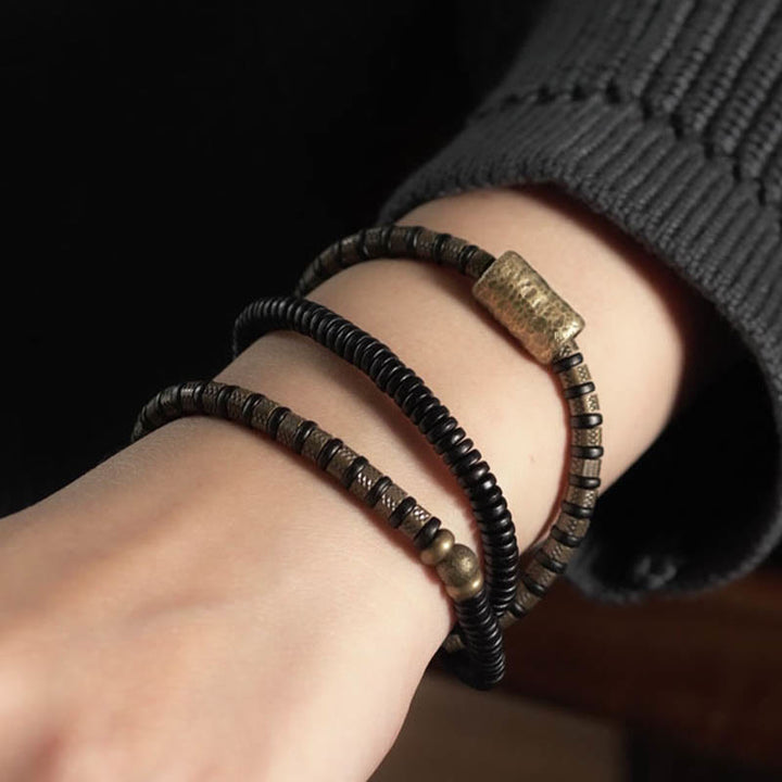 BWOOOH Healing Tibetan Ebony Wood Beads Copper Multilayered Bracelet
