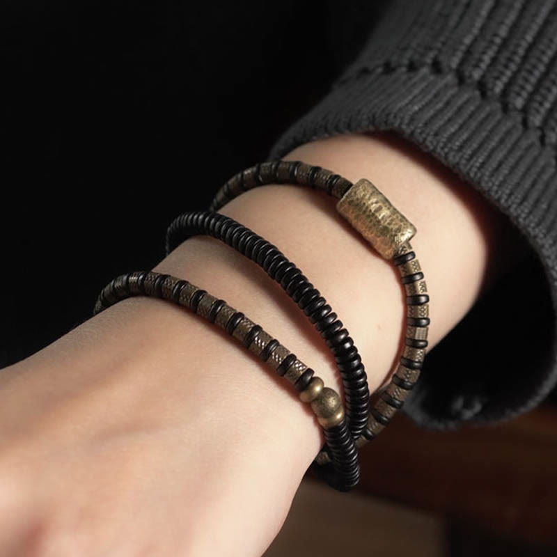 BWOOOH Healing Tibetan Ebony Wood Beads Copper Multilayered Bracelet