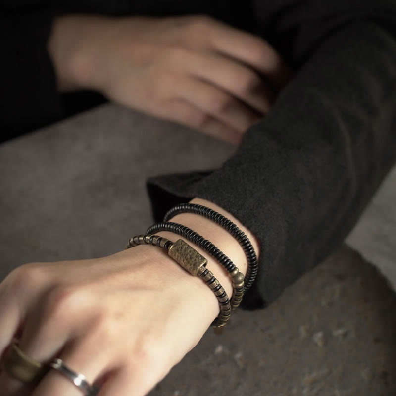 BWOOOH Healing Tibetan Ebony Wood Beads Copper Multilayered Bracelet