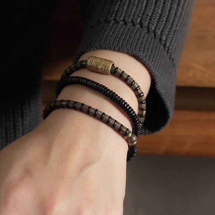 BWOOOH Healing Tibetan Ebony Wood Beads Copper Multilayered Bracelet