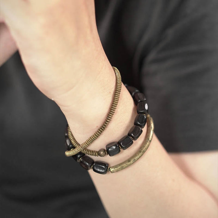BWOOOH Vintage Peace Tibetan Ebony Wood Beads Copper Multilayered Healing Bracelet