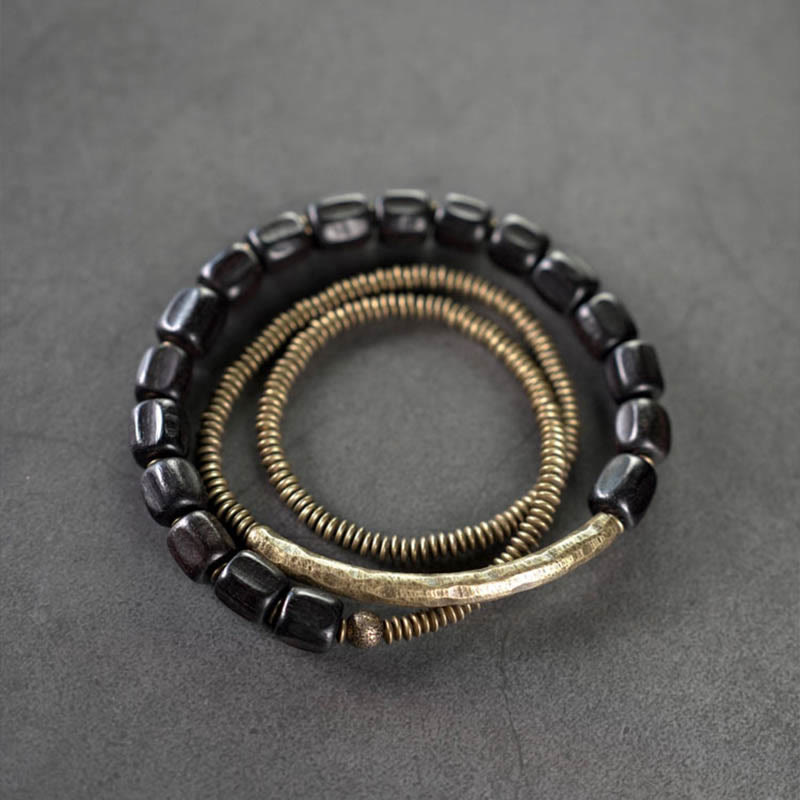 BWOOOH Vintage Peace Tibetan Ebony Wood Beads Copper Multilayered Healing Bracelet