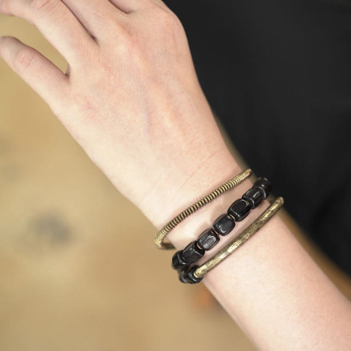 BWOOOH Vintage Peace Tibetan Ebony Wood Beads Copper Multilayered Healing Bracelet