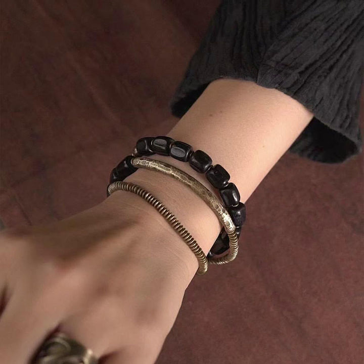 BWOOOH Vintage Peace Tibetan Ebony Wood Beads Copper Multilayered Healing Bracelet