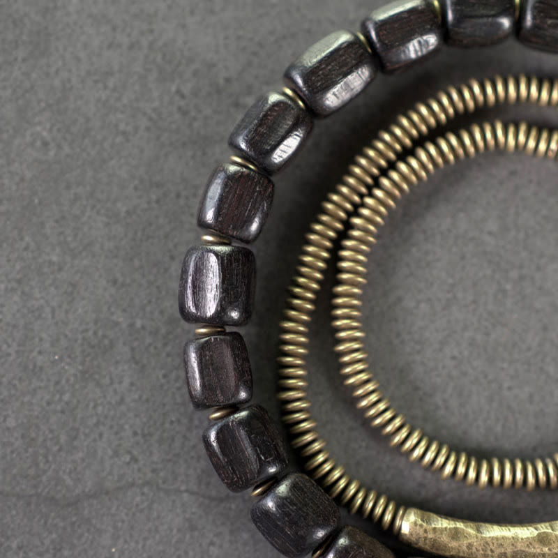 BWOOOH Vintage Peace Tibetan Ebony Wood Beads Copper Multilayered Healing Bracelet