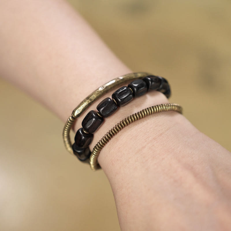 BWOOOH Vintage Peace Tibetan Ebony Wood Beads Copper Multilayered Healing Bracelet