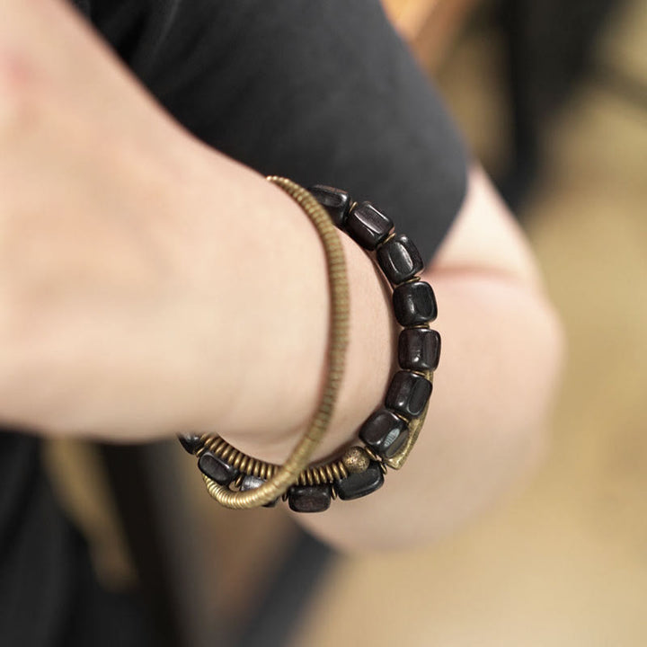 BWOOOH Vintage Peace Tibetan Ebony Wood Beads Copper Multilayered Healing Bracelet