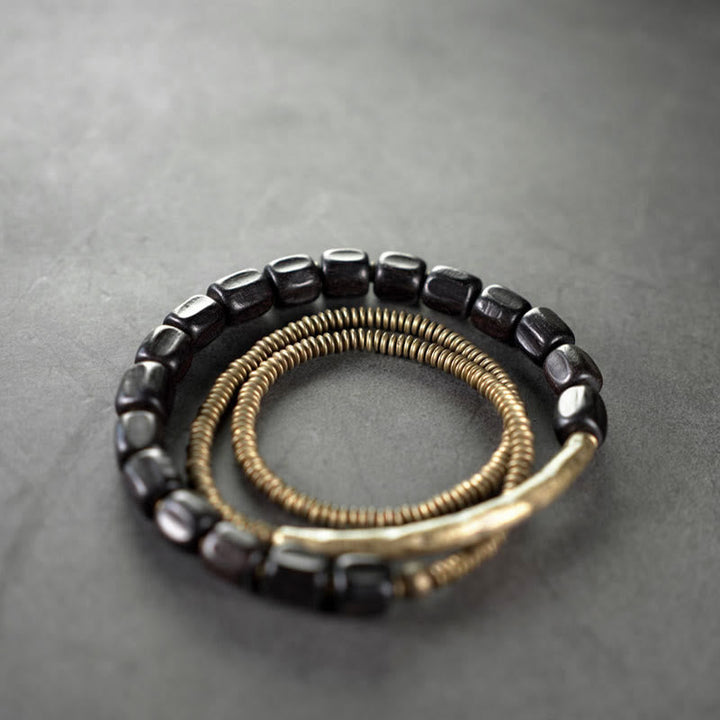 BWOOOH Vintage Peace Tibetan Ebony Wood Beads Copper Multilayered Healing Bracelet