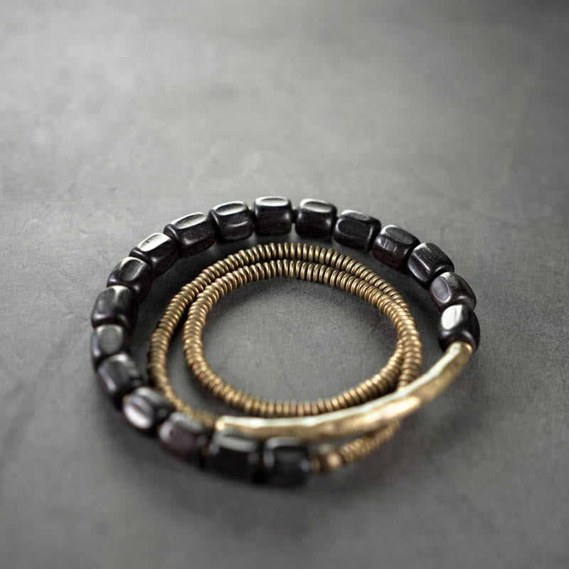 BWOOOH Vintage Peace Tibetan Ebony Wood Beads Copper Multilayered Healing Bracelet