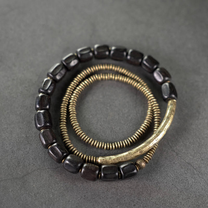 BWOOOH Vintage Peace Tibetan Ebony Wood Beads Copper Multilayered Healing Bracelet