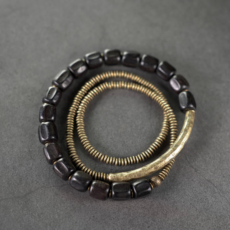 BWOOOH Vintage Peace Tibetan Ebony Wood Beads Copper Multilayered Healing Bracelet