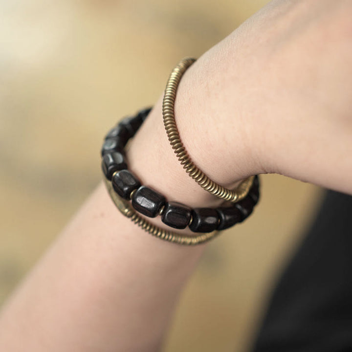BWOOOH Vintage Peace Tibetan Ebony Wood Beads Copper Multilayered Healing Bracelet