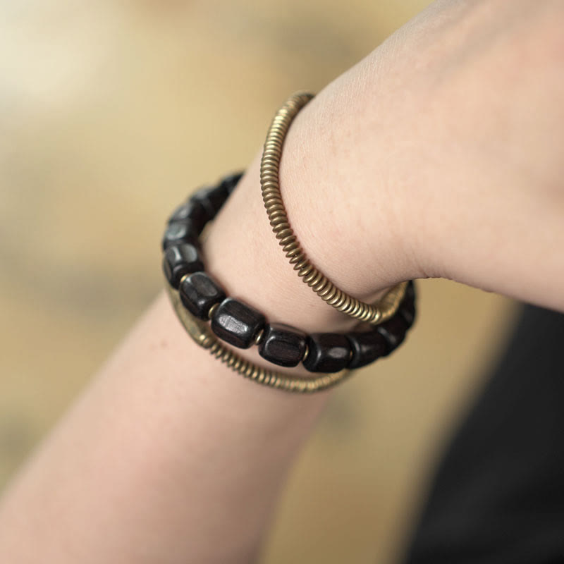 BWOOOH Vintage Peace Tibetan Ebony Wood Beads Copper Multilayered Healing Bracelet
