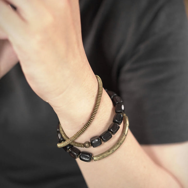 BWOOOH Vintage Peace Tibetan Ebony Wood Beads Copper Multilayered Healing Bracelet