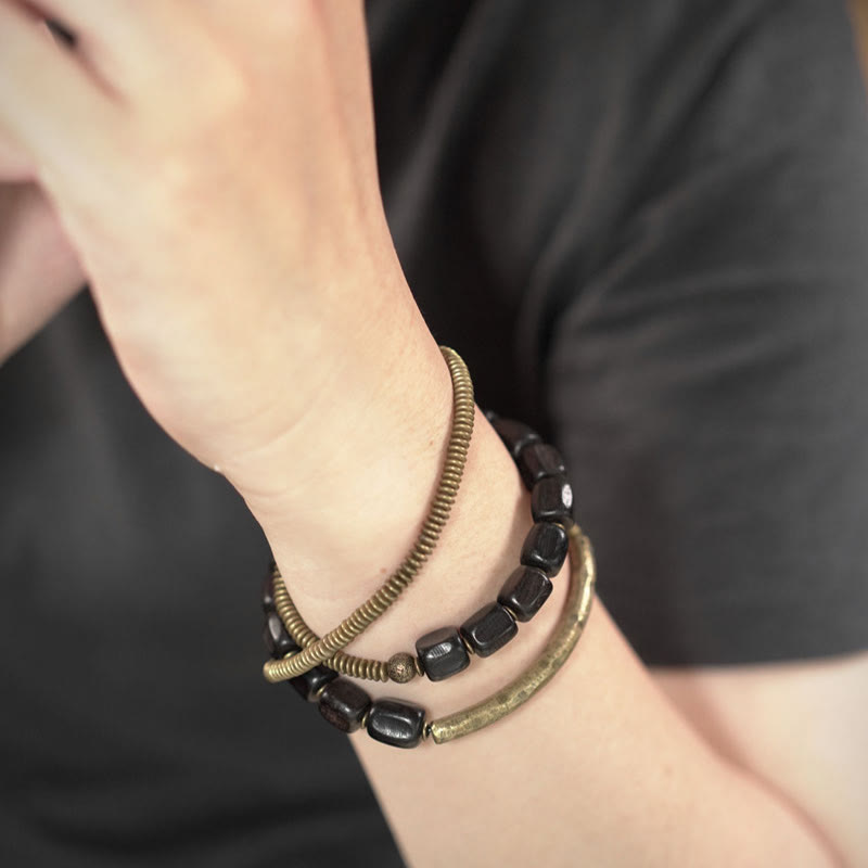 BWOOOH Vintage Peace Tibetan Ebony Wood Beads Copper Multilayered Healing Bracelet
