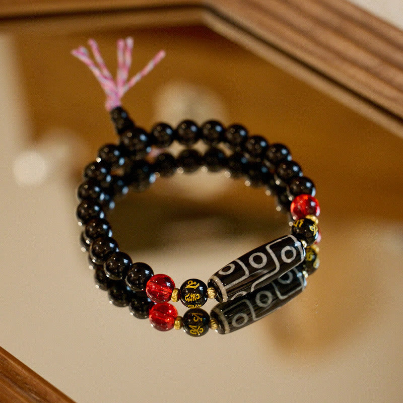 BWOOOH Tibetan Nine-eye Dzi Bead Black Onyx Six True Words Wealth Protection Bracelet