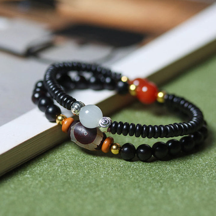 BWOOOH Ebony Sandalwood Green Sandalwood Dzi Bead Balance Calm Double Wrap Bracelet