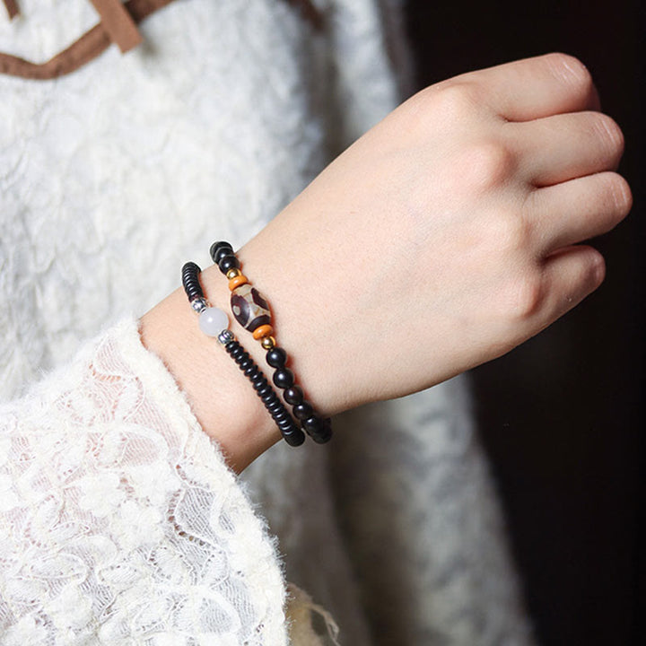 BWOOOH Ebony Sandalwood Green Sandalwood Dzi Bead Balance Calm Double Wrap Bracelet