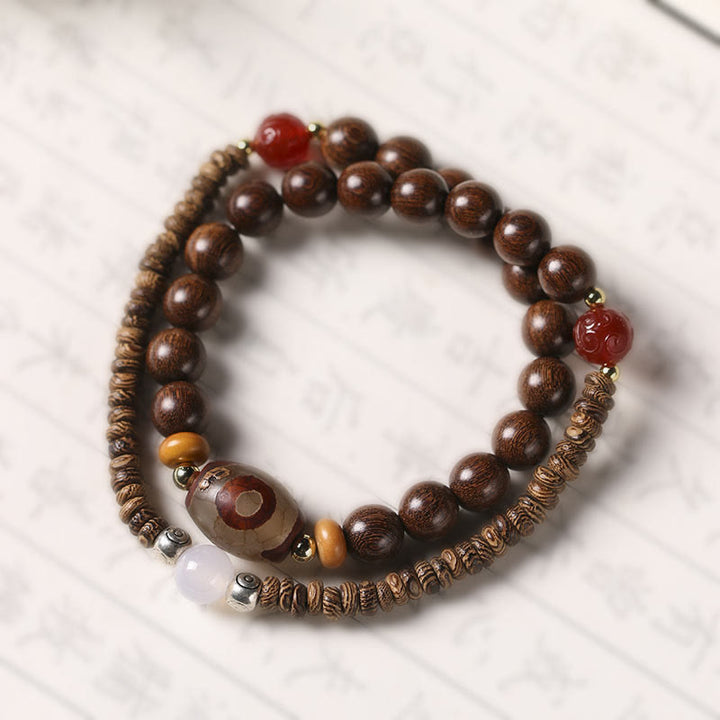 BWOOOH Ebony Sandalwood Green Sandalwood Dzi Bead Balance Calm Double Wrap Bracelet