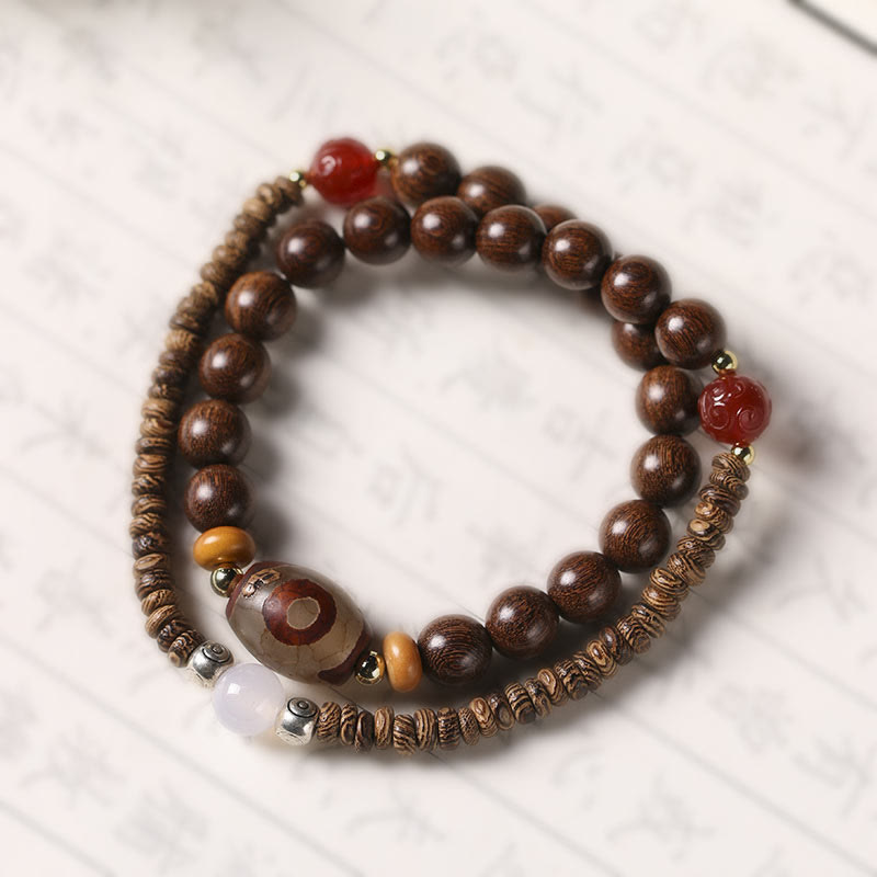 BWOOOH Ebony Sandalwood Green Sandalwood Dzi Bead Balance Calm Double Wrap Bracelet